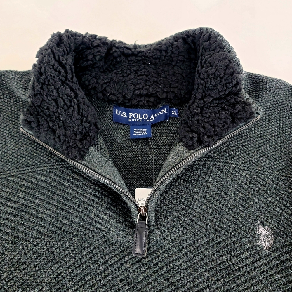 NWT US Polo Assn Pullover Quarter Zip High Neck Textured Sweater Faux Sherpa* - Picture 5 of 14